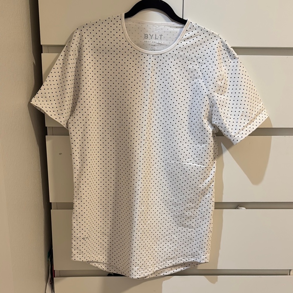 BYLT Basics White Short Sleeve Crew with Black Micro Dot Pattern